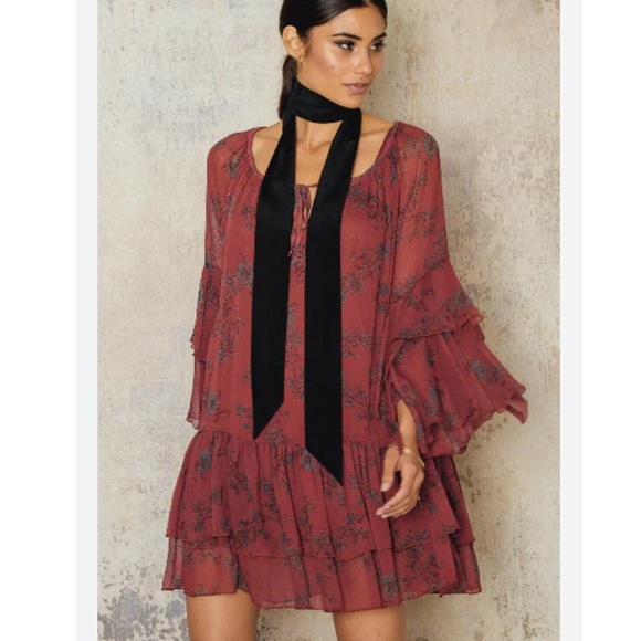 Free People Brick Red/Gray Sunsetter Bell Sleeve Mini Dress with Slip Size Large - Picture 1 of 10